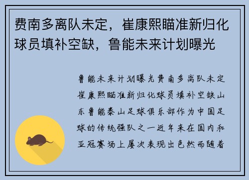 费南多离队未定，崔康熙瞄准新归化球员填补空缺，鲁能未来计划曝光