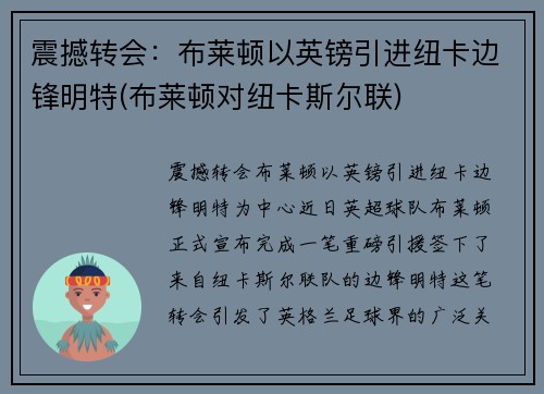 震撼转会：布莱顿以英镑引进纽卡边锋明特(布莱顿对纽卡斯尔联)